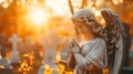 Angel child statue praying on graveyard. Blurred cemetery background. In loving memory