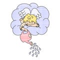 Angel on the cloud. Cute cartoon art. Cloud and watering.