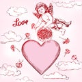 Angel or cupid, little baby fly and gives flowers roses, love, Valentine s day, greeting card hand drawn vector