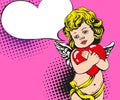 Angel or cupid, little baby holds a heart, Valentines day, love, greeting card hand drawn vector illustration pop art Royalty Free Stock Photo