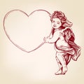 Angel or cupid, little baby holds a heart, Valentines day, love, greeting card hand drawn vector illustration realistic