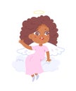 Angel cute baby sitting on sky cloud, little girl cherub character flying in heaven Royalty Free Stock Photo