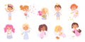 Angel cute little child set, funny cherub flying in sky, cupid holding bow and arrow Royalty Free Stock Photo