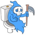 Angel of death sitting on the toilet closet feeling stomachache, doodle icon image kawaii