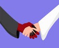 Angel and demon handshake. Deal between enemies cooperation between good and evil.