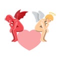 An angel demon is sitting brooding on top of a heart on an isolated white background. Vector image