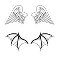 Angel and demon wings sketch vector. Wing, feathers of a bird, swan, eagle. Bat, line art collection of vampire silhouettes. Royalty Free Stock Photo
