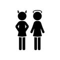 Angel and devil girl silhouette with horn and halo. Minimalistic vector icon.