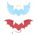 Angel and devil hearts with wings. Blue and red heart. Golden halo, bat wings and tail. Halloween decorative element Royalty Free Stock Photo