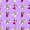 Angel and devil little girl seamless pattern on purple background.