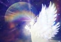 Spiritual guidance, Blue Moon Angel of light and love doing a miracle on sky, rainbow angelic wings, white dove with olive branch Royalty Free Stock Photo