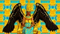 The Angel of Egypt. Wings of gold and black and feather earrings. Seated on a gold throne with an Egyptian crown