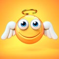 Angel emoji isolated on yellow background, emoticon with wings and halo 3d rendering Royalty Free Stock Photo