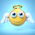 Angel emoji isolated on yellow background, emoticon with wings and halo 3d rendering Royalty Free Stock Photo