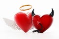 Angel and evil hearts isolated on white background. 3D illustration