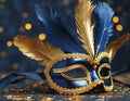 angel feather mask navy blue and gold texture background. carnaval ve celebration concept