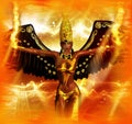 Angel of fire fantasy image. An angel with wings of black feathers and a background of fire Royalty Free Stock Photo