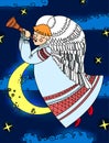 Angel with a flute flying on the background of sky.