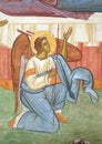 Angel, fresco at the external wall of the 15th-century monastery Assumption of the Virgin Mary in Tvrdos, Bosnia and Herzegovina Royalty Free Stock Photo