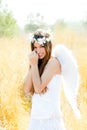 Angel girl in golden field with white wings Royalty Free Stock Photo