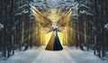 Angel with golden wings in winter forest Royalty Free Stock Photo