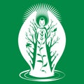 An angel, a guardian of nature with wings, guards the germinated grain. Silhouette isolated on green background, logo