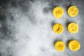 Angel hair pasta, on gray stone background, top view flat lay, with copy space for text Royalty Free Stock Photo