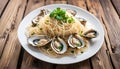 Angel Hair pasta with oysters and bean sprouts in a white enamel plate on a wooden surface.