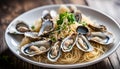 Angel Hair pasta with oysters and bean sprouts in a white enamel plate on a wooden surface.