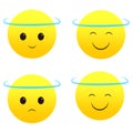 Angel halo emoji set, various emotions. Saintly emoticons collection. Vector illustration. EPS 10.