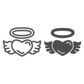 Angel heart line and solid icon, valentine day concept, Heart with wings and nimbus sign on white background, halo and