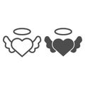 Angel heart with wings line and solid icon. Angelic love, winged shape and halo symbol, outline style pictogram on white Royalty Free Stock Photo