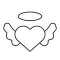 Angel heart with wings thin line icon. Angelic love, winged shape and halo symbol, outline style pictogram on white Royalty Free Stock Photo