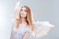 An angel from heaven. Young, wonderful blonde girl in the image of an angel with white wings. Royalty Free Stock Photo