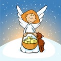 Angel holding a basket full of gifts and cat fawns on snowy background - cute