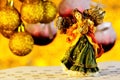 Angel Holiday Christmas balls decorated with a Golden background with bright bokeh lights. Winter Christmas holiday give gifts,