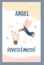 Angel investment concept of banner or card, cartoon flat vector illustration.