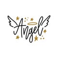 Angel lettering teen age youth text girl concept with wings and nimbus. Lettering typography illustration