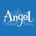 Angel lettering with wings on blue background.