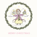 Angel with light candle Merry Christmas.Pastel color violet yellow pink cute typography banner congratulation