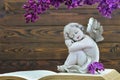 Angel and lilac flower on old book Royalty Free Stock Photo