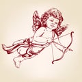 Angel , little baby. Cupid shoots a bow with an arrow, Valentine`s day, greeting card hand drawn vector illustration