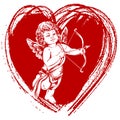 Angel , little baby. Cupid shoots a bow with an arrow, Valentine s day, greeting card hand drawn vector illustration