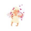 Angel of love with happy face. Adorable baby girl with bow and arrow in hand. Little cupid with wings. Flat vector icon Royalty Free Stock Photo