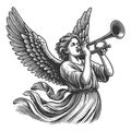 Angelic Trumpeter with Wings engraving vector