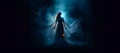 Angel, the messenger of God. Woman in blue light her dress forming wings with a night sky background Royalty Free Stock Photo