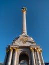 Angel monument with traditional ukrainian symbol tryzub trident at independance square in Kiev