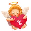 Angel with nimbus, white wings and closed eyes. Big heart with text I love you in hand. Valentines day character