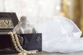 Angel and Pearls necklace in black casket on colorful background bokeh Royalty Free Stock Photo