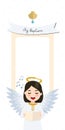 Angel singing. Baptism vertical invitation with message. Vector illustration